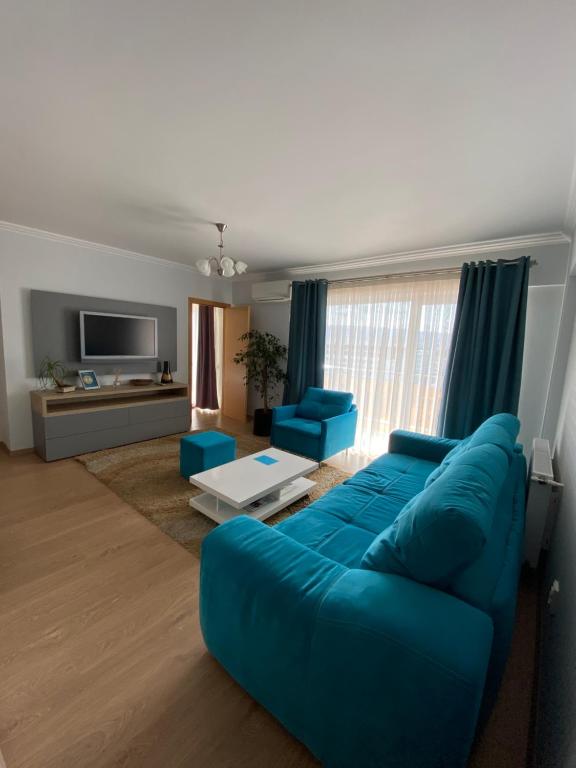 克卢日-纳波卡Dora City Apartament的客厅配有蓝色的沙发和蓝色的椅子
