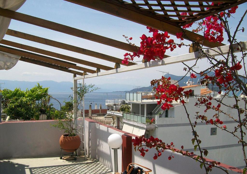 卢特拉艾季普苏Hotel Galaxy的从带红色鲜花的房子的阳台上可欣赏到风景