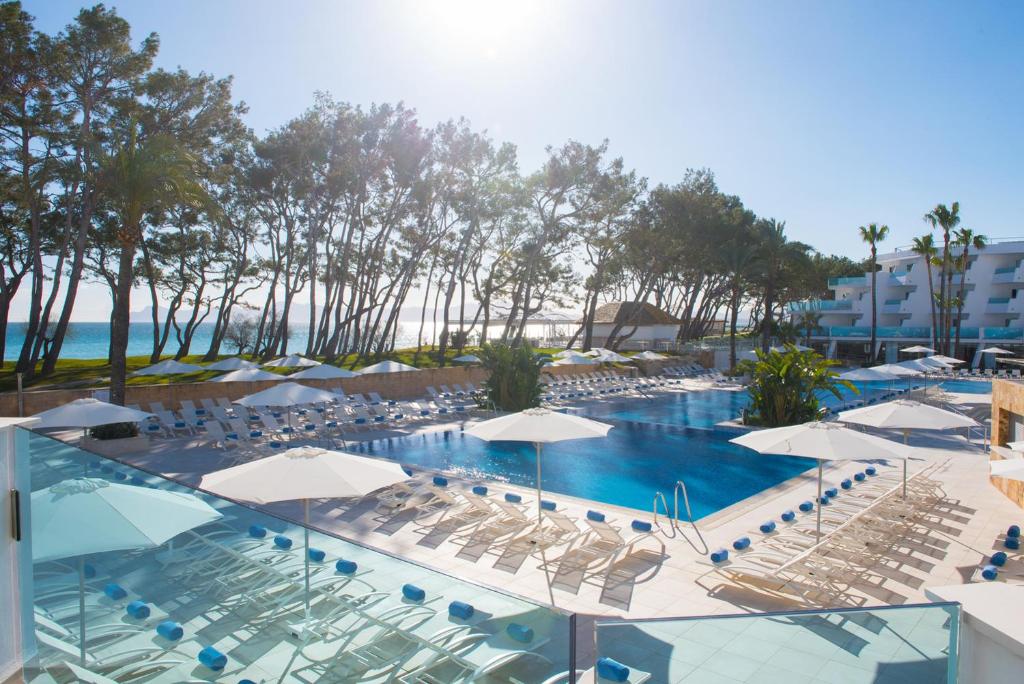 穆罗海滩伊波罗之星穆罗海滩酒店的一个带椅子和遮阳伞的大型游泳池