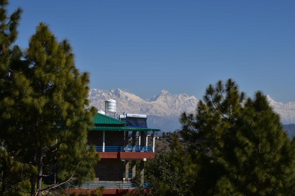 阿尔莫拉Rudra Himalayan Retreat的山地绿色屋顶度假屋