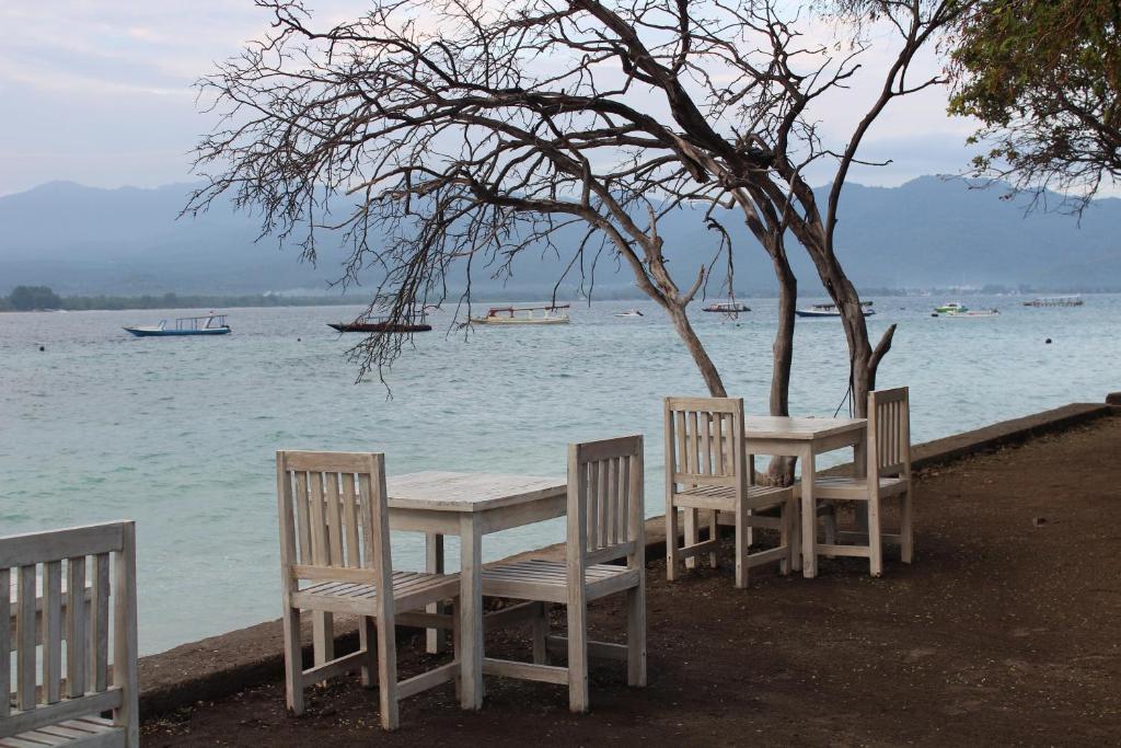 吉利阿尔Biba Beach Village的水边的桌椅