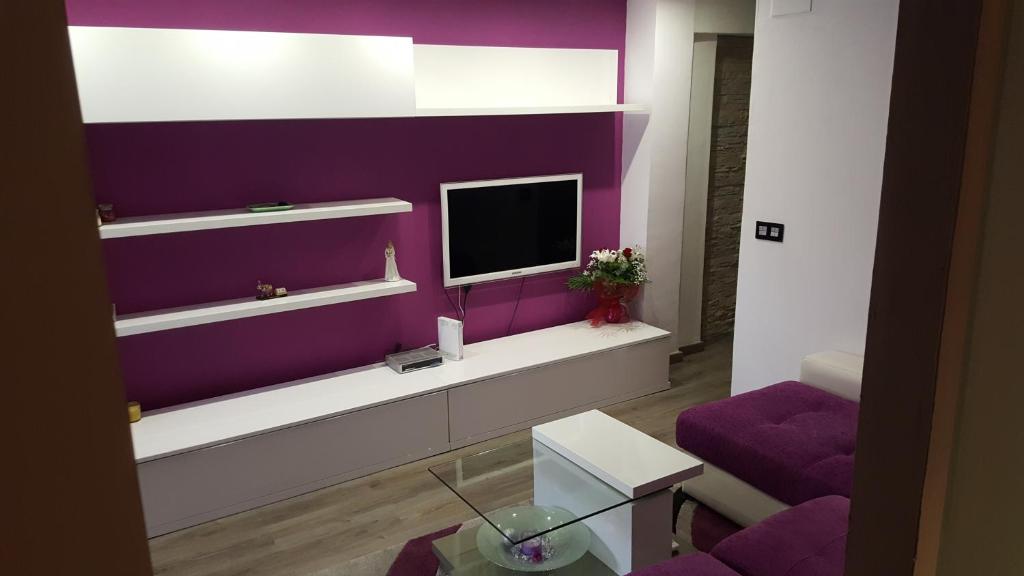 瓦伦西亚Moderno apartamento en el parque de cabecera的客厅设有紫色墙壁和电视。