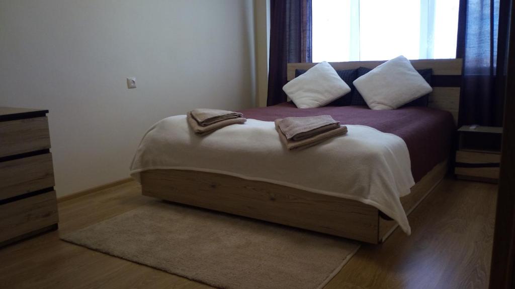 帕内韦日斯Bright apartment on top的一间卧室配有一张床,上面有两条毛巾