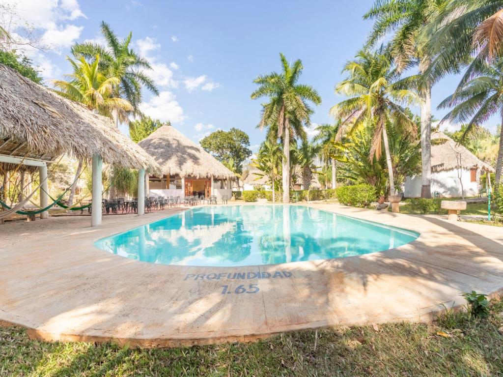 San JoséHotel Villas del Ángel的棕榈树度假村的游泳池