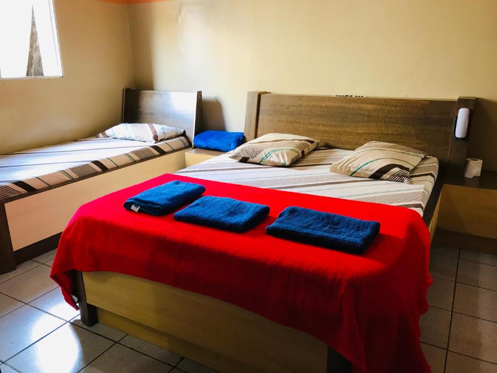 圣保罗Hotel Gasometro的两张位于房间的床,上面有两个蓝色枕头