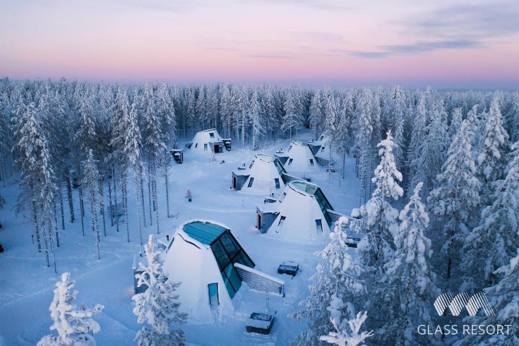 罗瓦涅米Glass Resort的享有雪覆盖森林的空中美景,设有房屋