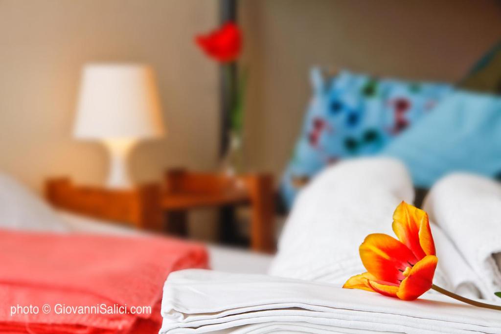 梅纳焦Lake Como Peace Lodge - Casa della Pace的坐在床上的红花