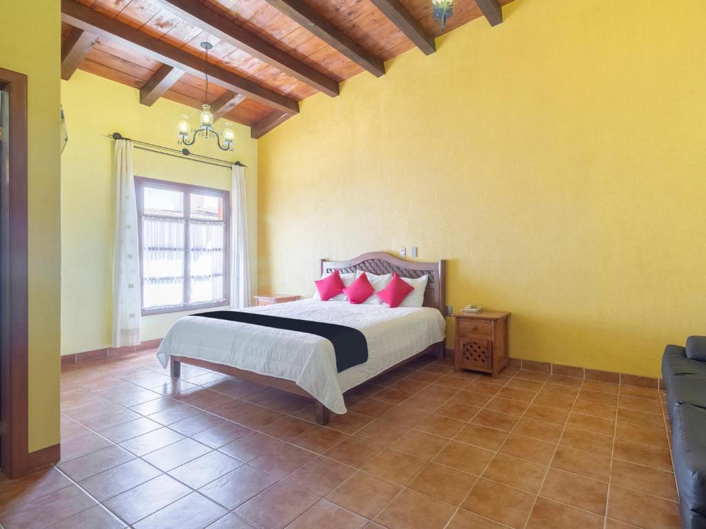科米坦德多明格斯Hotel Jardín de Tereza的一间卧室配有一张带红色枕头的床