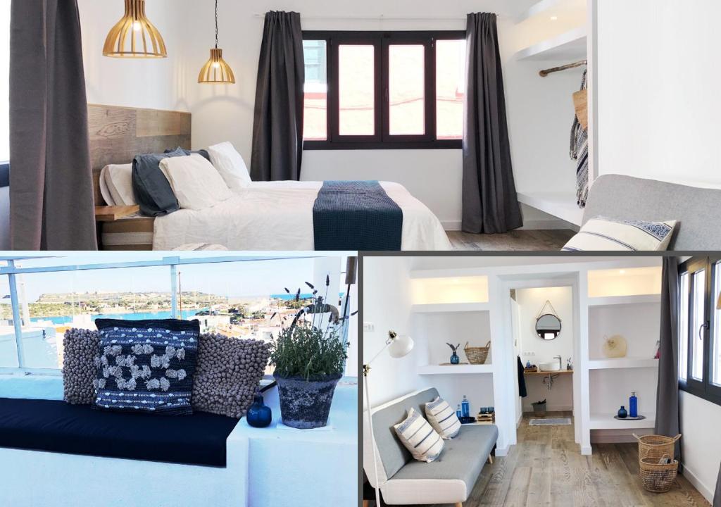 埃斯卡斯特利Pardela Menorca的一间卧室配有一张床,另一间享有美景。