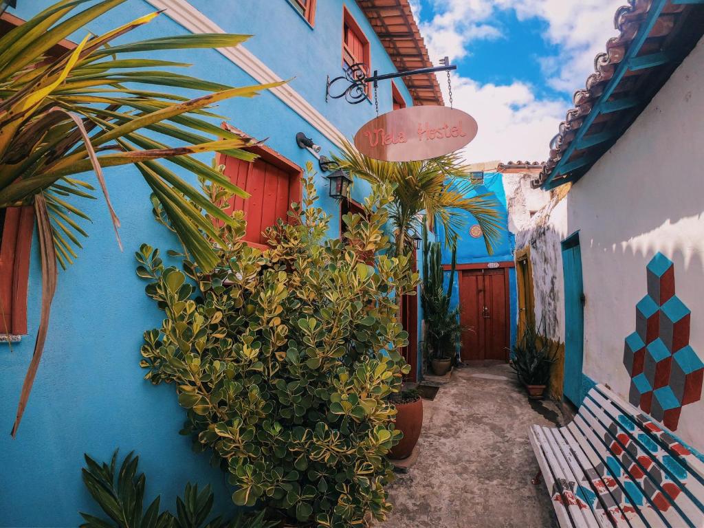 伦索伊斯Viela Hostel的一条种植了植物的小巷和一座蓝色的建筑