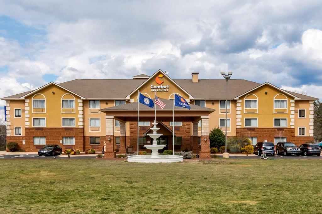 南希尔Comfort Inn & Suites South Hill I-85的大楼前有旗帜的酒店