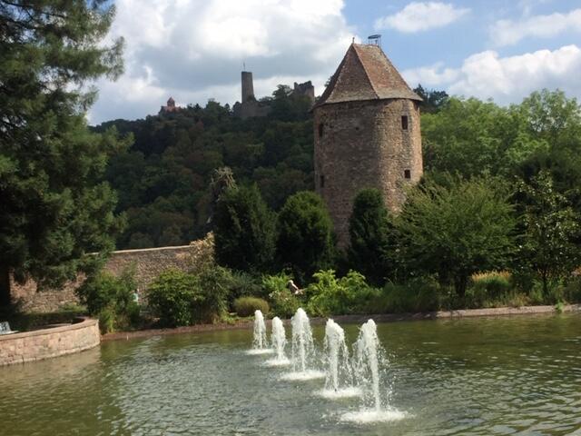 魏因海姆Ferienwohnung Burgenblilck的城堡前池塘里的喷泉