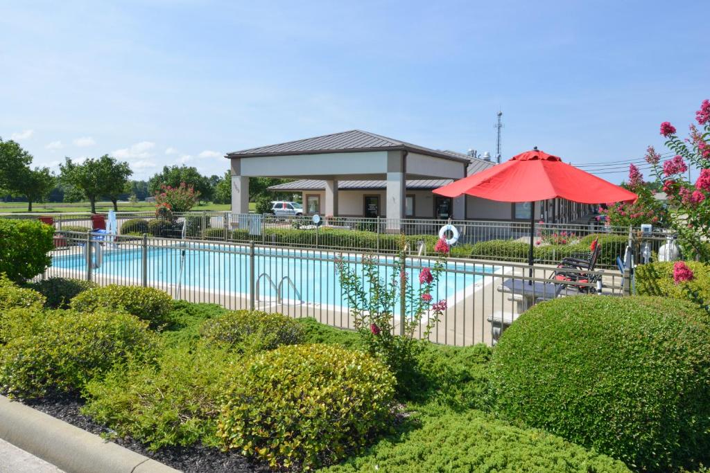 Geneva杰尼瓦石楠木汽车旅馆的一个带红色遮阳伞的游泳池和一个房子