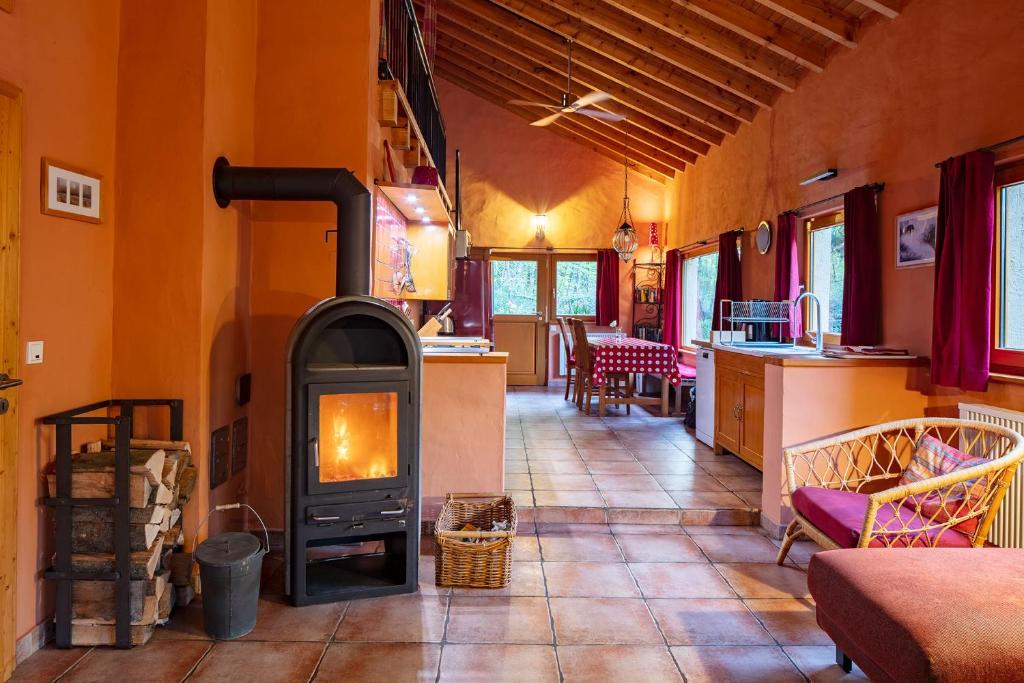博福特Villa Waldeslust的一间客厅,客厅内配有燃木炉