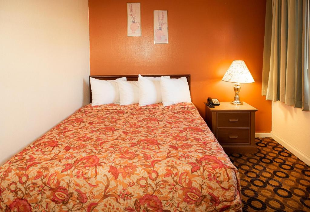 圣克拉拉格拉纳达旅馆的酒店客房,配有床和灯