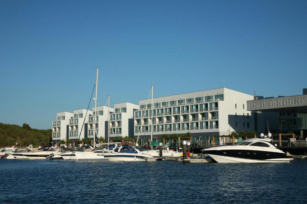 特罗亚Troia Residence by The Editory - Apartamentos Marina的一群船停靠在港口,有一座建筑