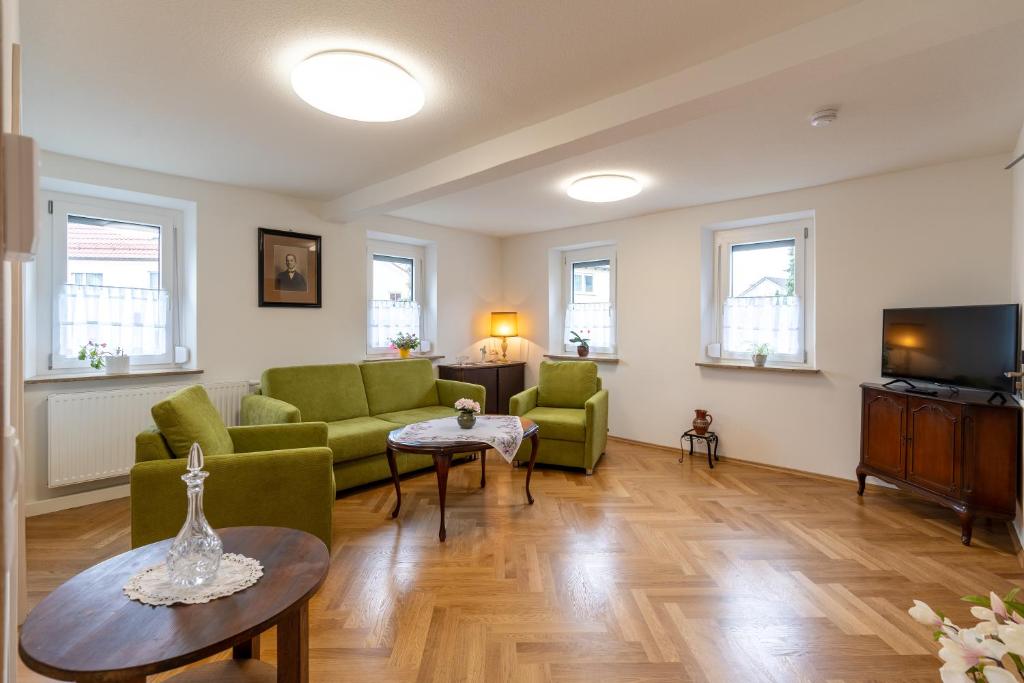 福希海姆Haus Burk 5.0的客厅配有绿色椅子和电视
