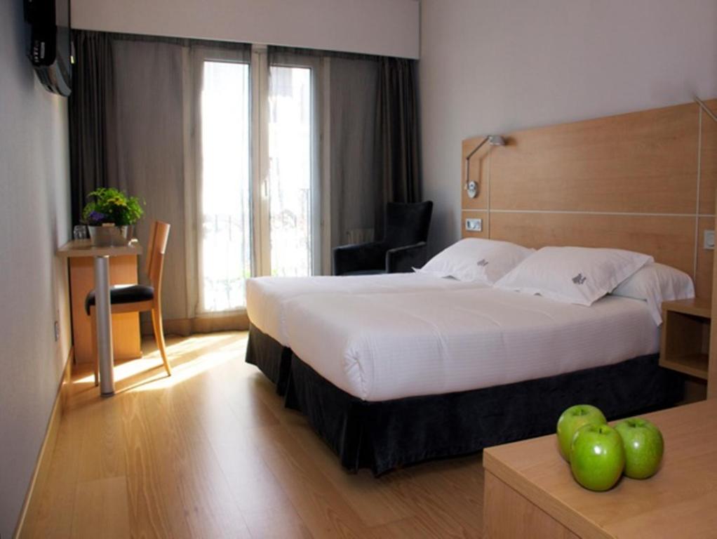 宏达瑞比亚Hotel Jauregui的酒店客房设有一张大床和一张书桌。