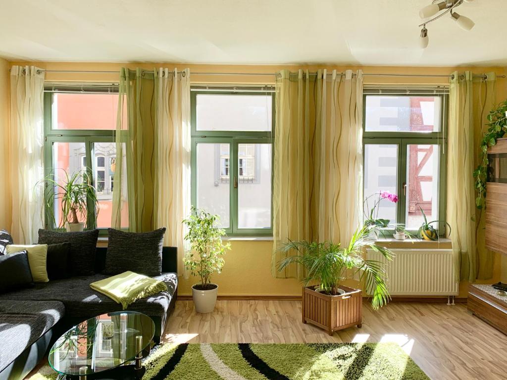 爱尔福特Ferienwohnung in der Altstadt von Erfurt的带沙发的客厅和部分窗户。