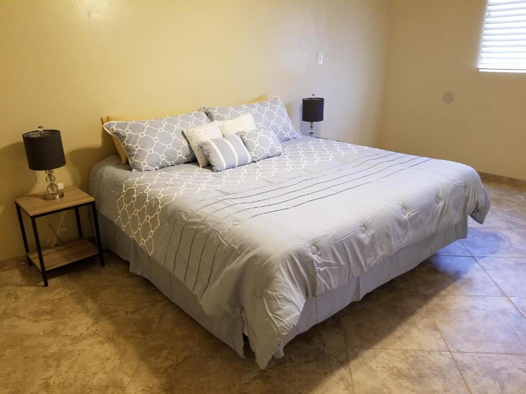 土桑Tucson Airport Oasis的一间卧室配有一张大床和枕头