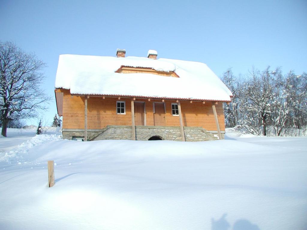 VýprachticeChata u lesa的田野上雪覆盖的谷仓