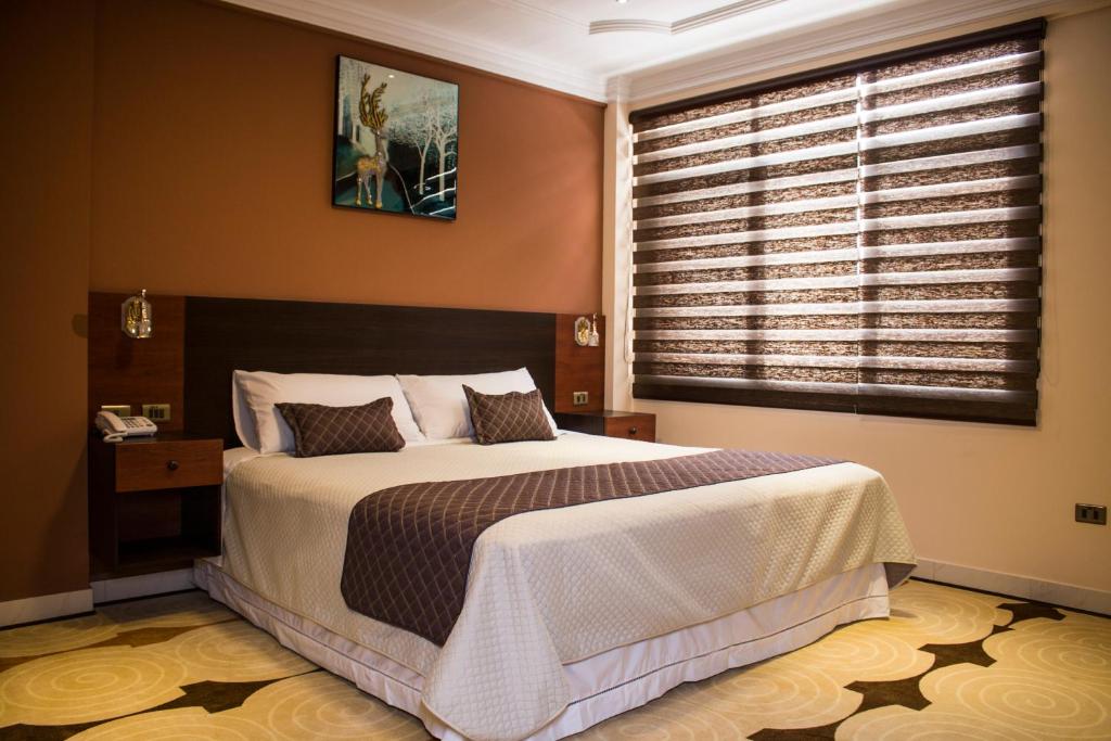 科恰班巴Hotel Pairumani的一间卧室设有一张大床和一个窗户。