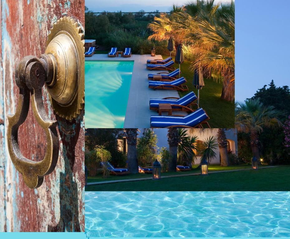 圣马迪拉莫曼吉欧矿泥温泉酒店的一张带蓝色躺椅的游泳池的照片