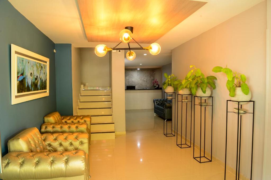 布卡拉曼加金塔德凯碧塞拉酒店的带沙发和一些植物的客厅