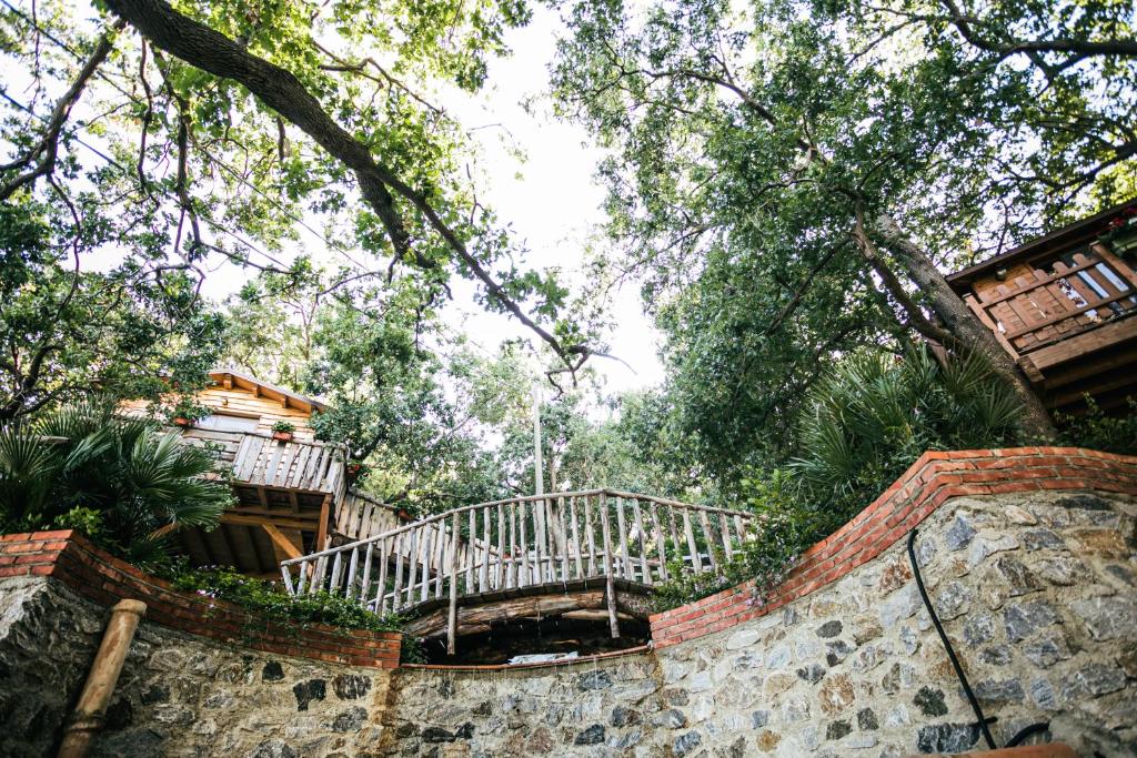 墨西拿B & B Le Casette sull'albero di Villa Alba的通往森林中房屋的楼梯
