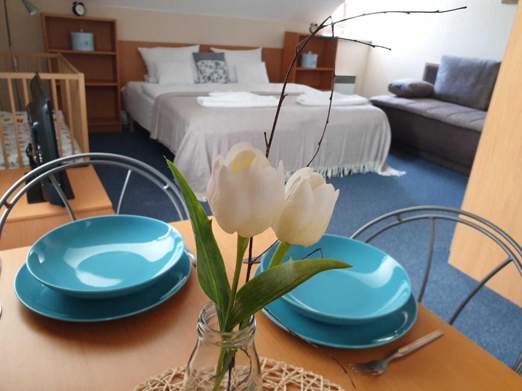 卡什佩尔斯凯霍里Hotel Modrásek的一张桌子,上面有两个蓝色的盘子,花瓶