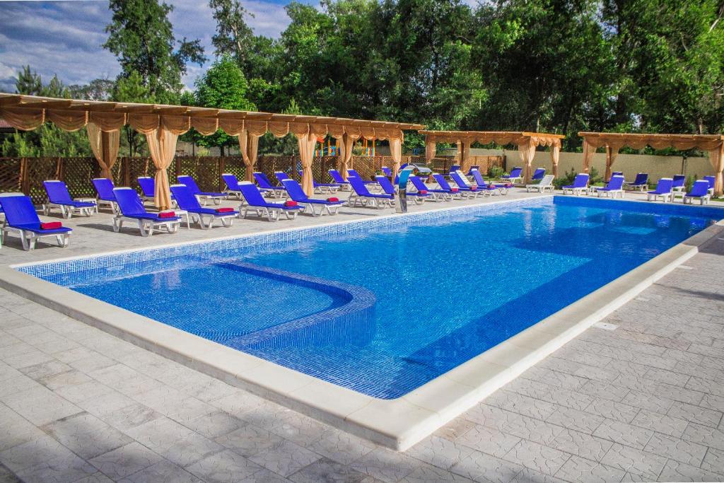 诺沃莫斯科维斯卡RELAX Hotel - restaurant Complex的一个带蓝色椅子的游泳池