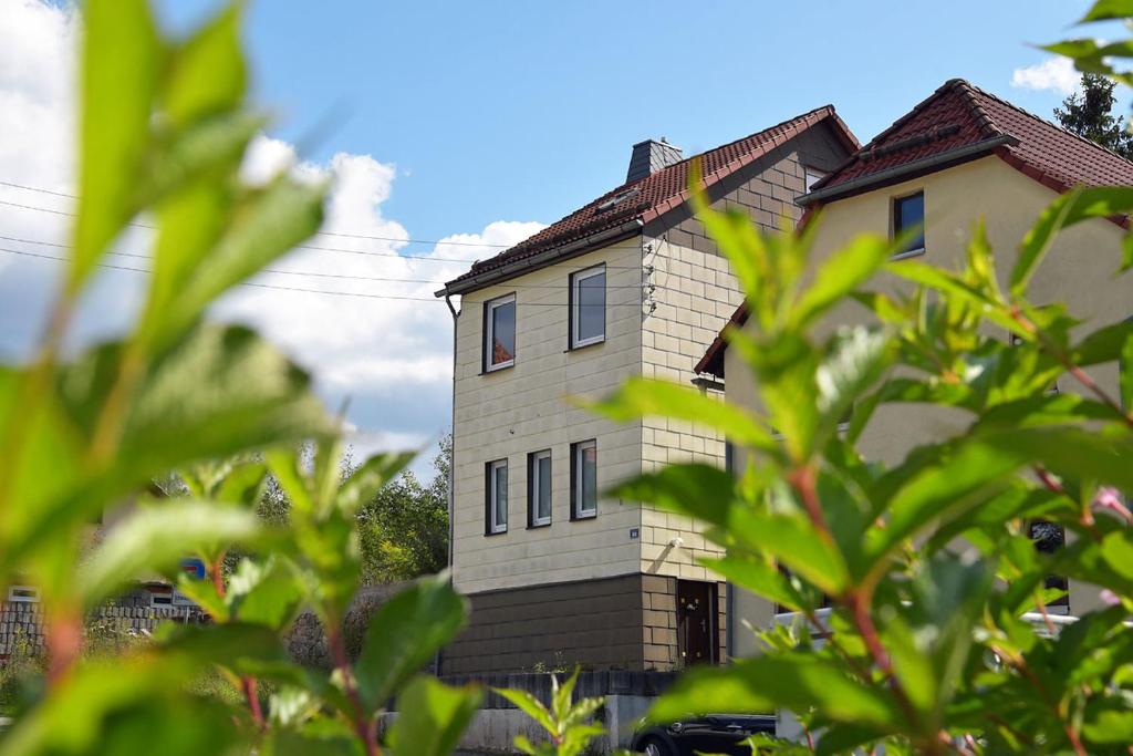 苏尔Monteurhaus-Arbeiterunterkunft Haus Markus Suhl的树叶上显示的房子