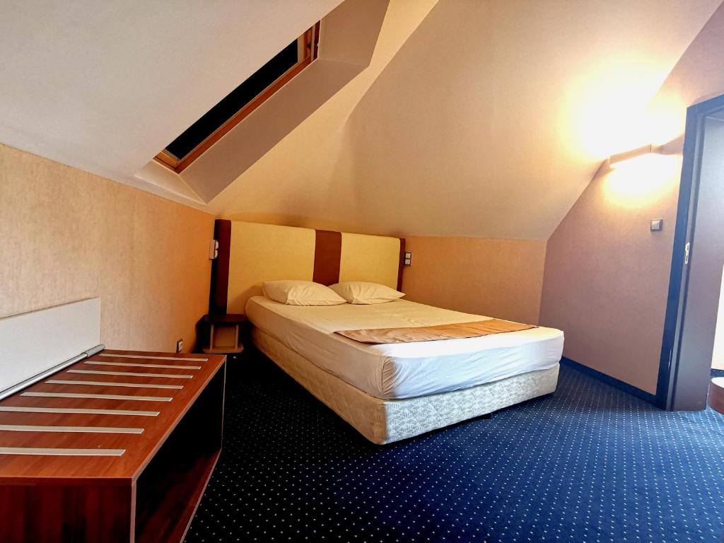 索非亚Elate Plaza Hotel的一间小卧室,配有一张床和一张书桌
