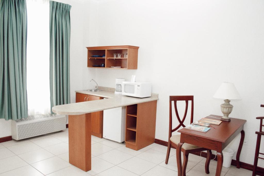 圣萨尔瓦多米拉多尔普拉兹酒店的厨房配有书桌和带微波炉的桌子。