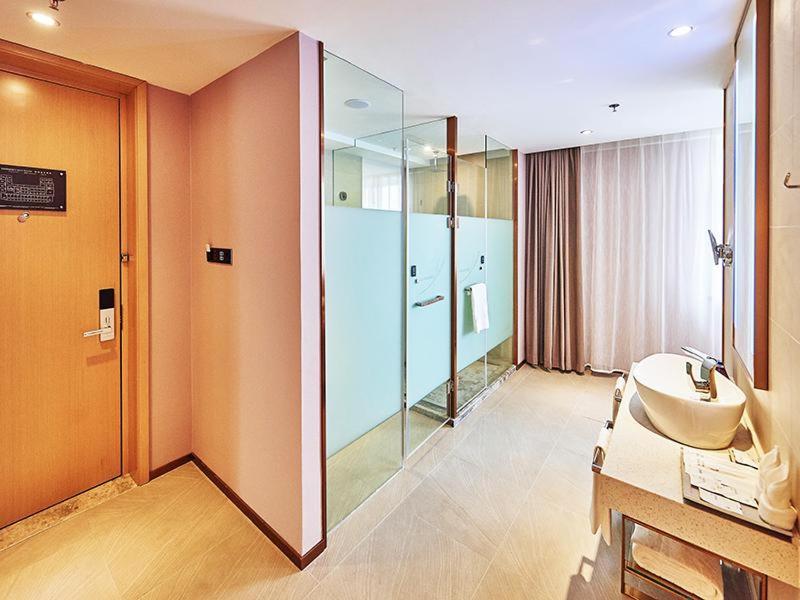 长春麗枫酒店·长春人民广场店的一间带水槽和玻璃淋浴的浴室