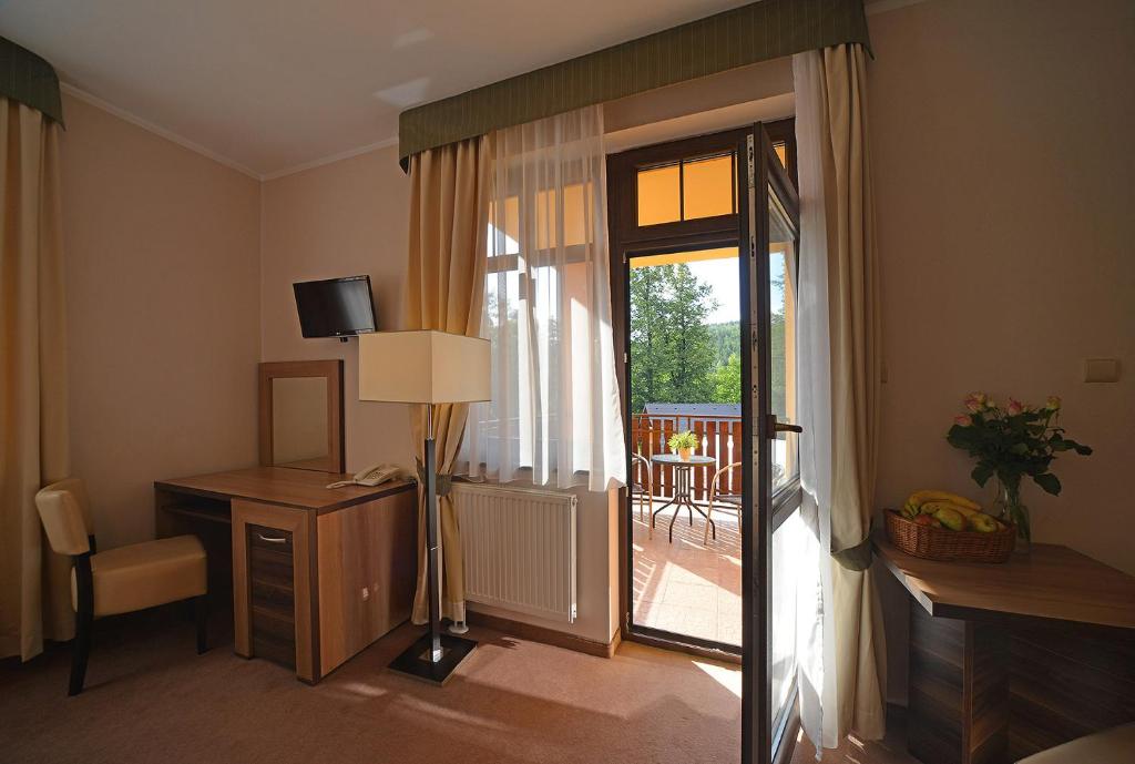 普热谢卡Pensjonat Olympia的客房设有书桌和通往庭院的门。