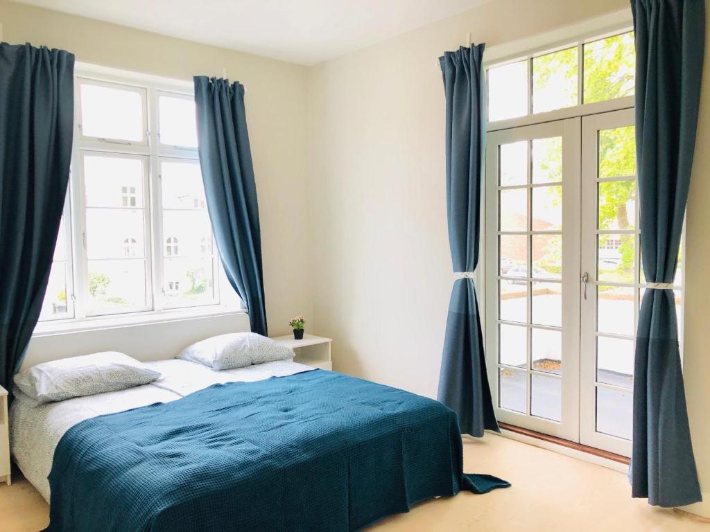 奥尔堡aday - 4 Bedroom - Modern Living Apartment - Aalborg的一间卧室配有一张带蓝色床单和窗户的床。