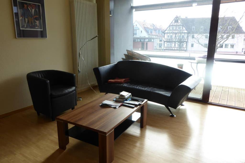 阿沙芬堡Im Herzen von Aschaffenburg的客厅配有黑色沙发和咖啡桌