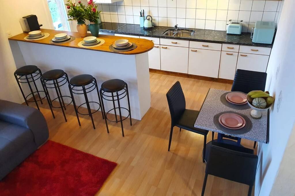 因特拉肯Swiss Mountains Apartments的厨房配有柜台和桌椅