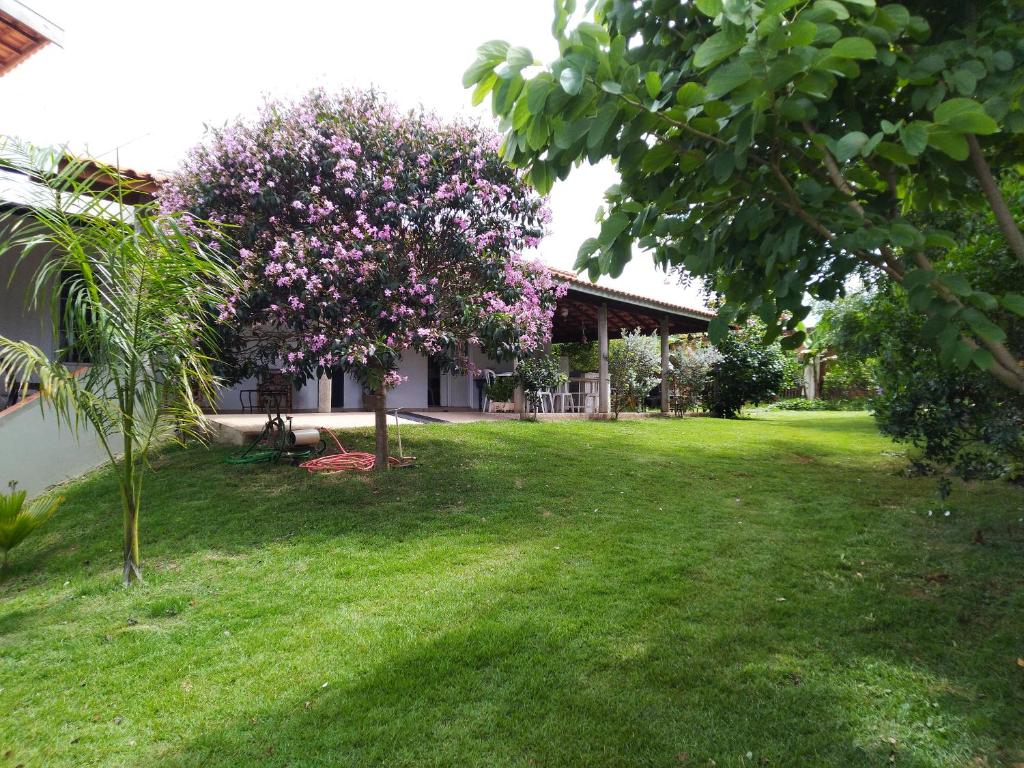 巴雷图斯Ana Terra Barretos Casa de Campo的一座房子前面的院子,里面有一棵树,上面有粉红色的花朵