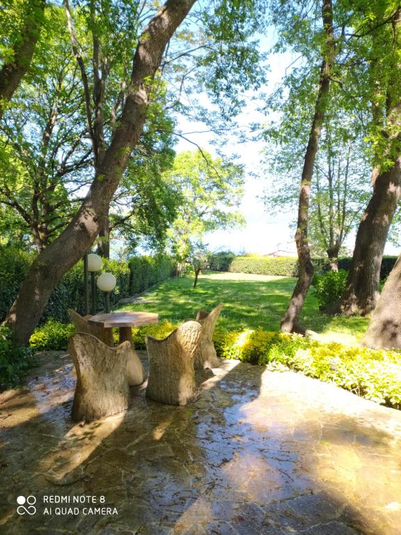 龙奇廖内La Casa dei Daini的公园里种有树木,设有长凳和桌子