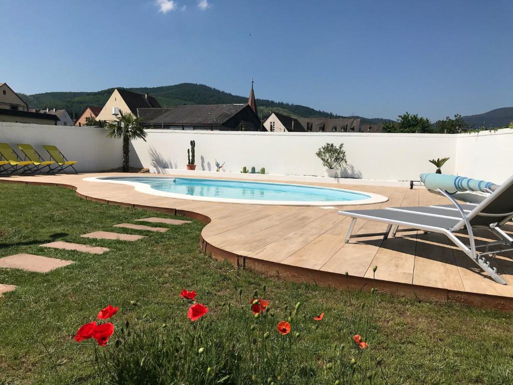 阿梅尔斯克维Alsacebnb - Gîte 12 personnes dans le vignoble - Piscine privée & Spa的庭院中的游泳池,带椅子和鲜花