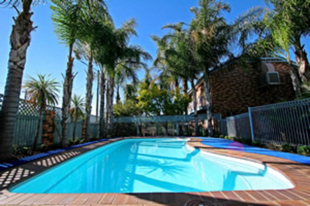 达博卡特勒曼斯乡村汽车旅馆和服务式公寓的棕榈树屋前的游泳池