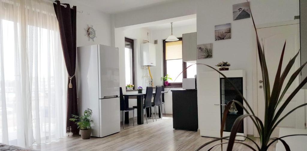 北马马亚-讷沃达里Apartament Muzea Mamaia Nord的厨房以及带桌椅的起居室。