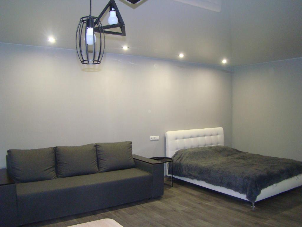 切尔尼戈夫Квартира студия в центре Чернигова wi-fi的客厅配有沙发和1张床