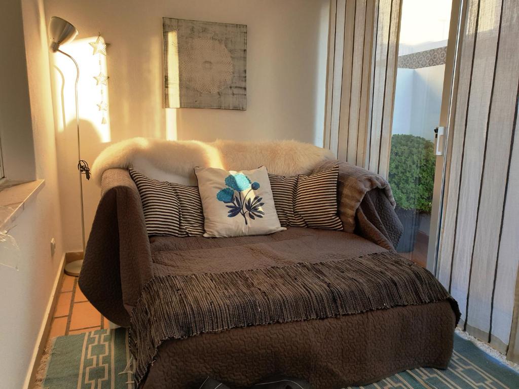 奥良Maison Citron的房间里的一张棕色沙发上放着枕头