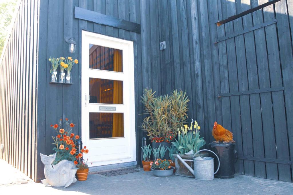HoogmadenTulpenhuys的蓝色的房子,有白色的门,一些植物和花