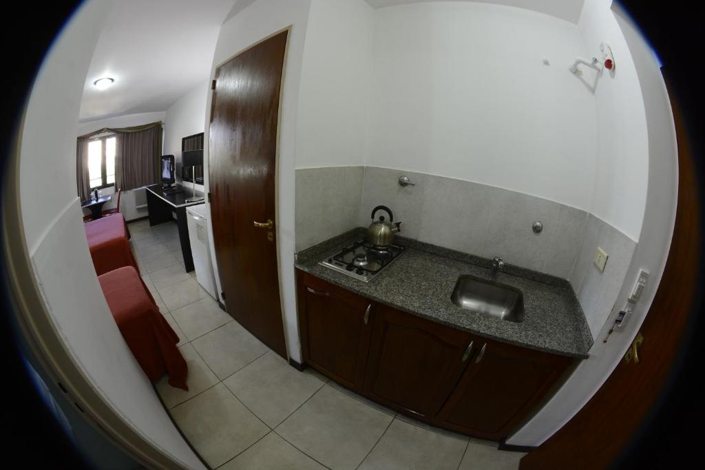 罗萨里奥阿尔韦亚尔公寓酒店的享有带水槽的厨房和客厅的景色