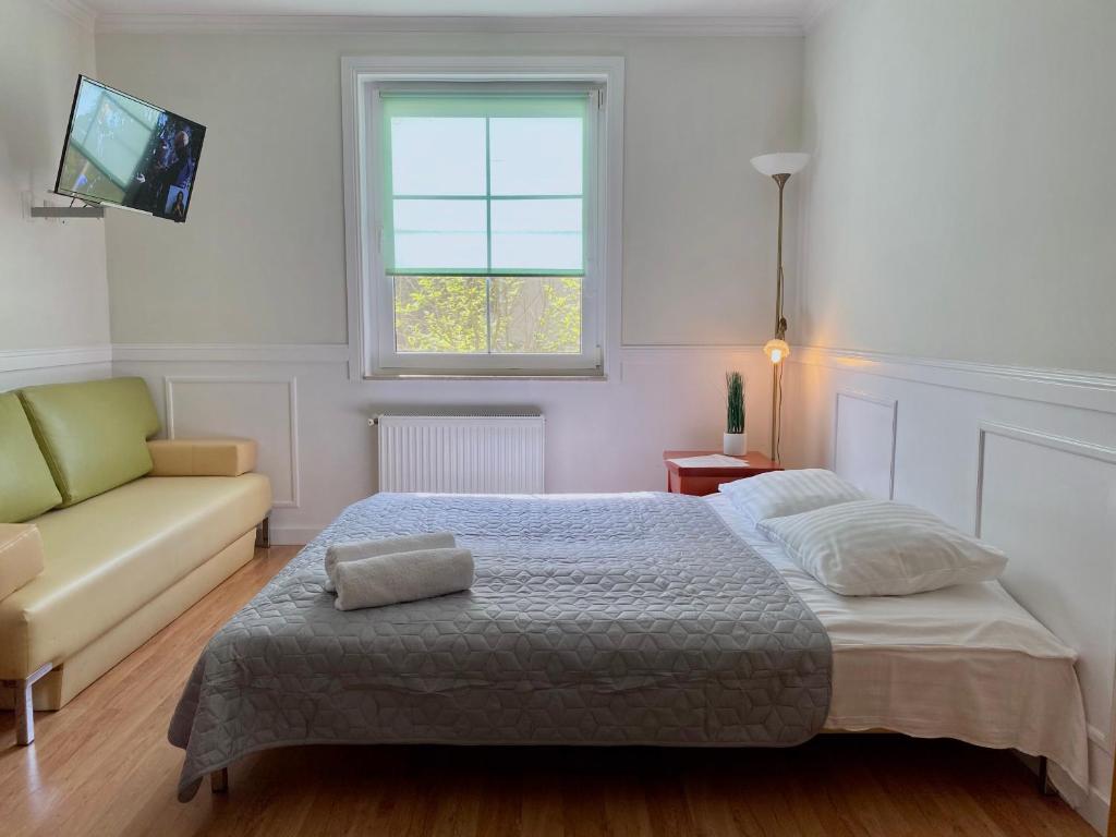 德兹维济诺Apartamenty i Pokoje Magnolia的一间卧室配有一张床、一张沙发和一个窗口