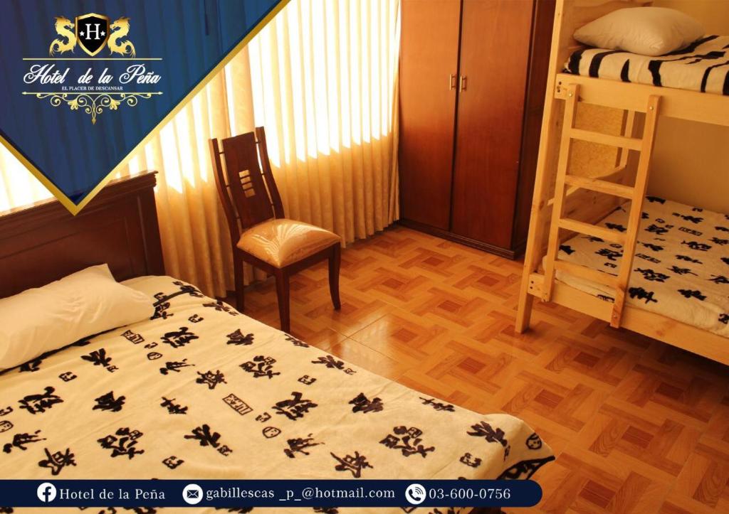 安巴托Hotel de la Peña的一间卧室配有一张床、一把椅子和梯子